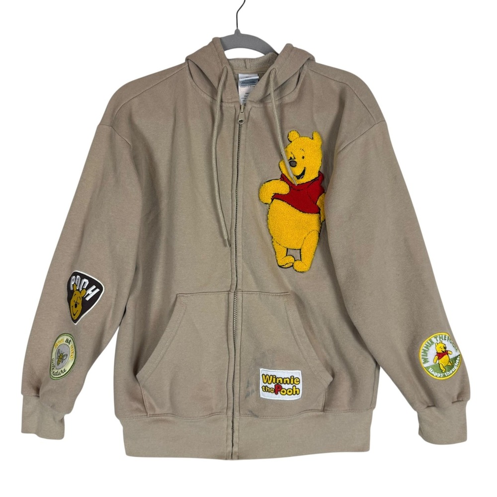 Disney Winnie The Pooh Hoodie Womens Small Beige Full Zip Fleece Patches Graphic